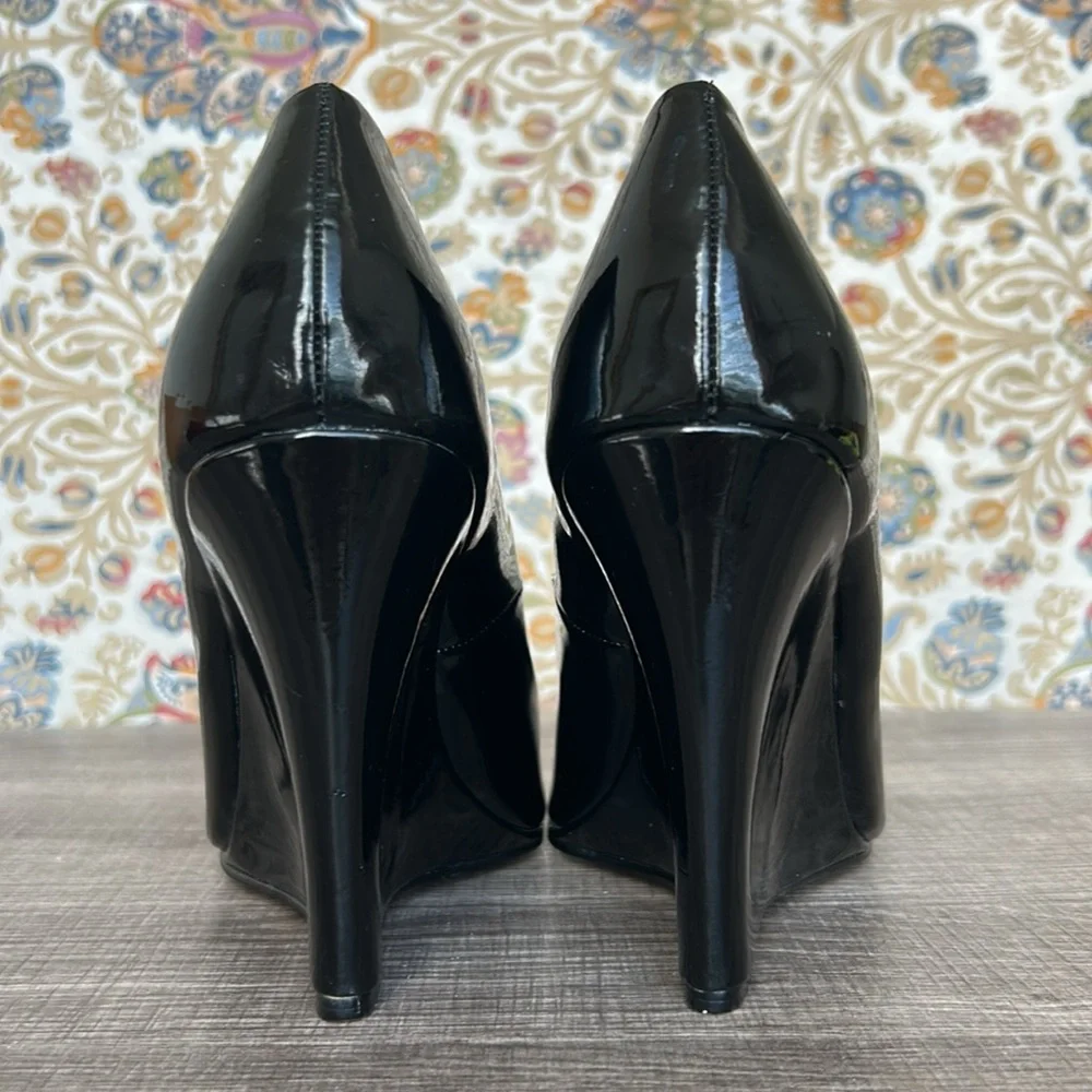 Boston Proper Black‎ Patent Leather Peep Toe Wedges Shoes Office Date Night 7M